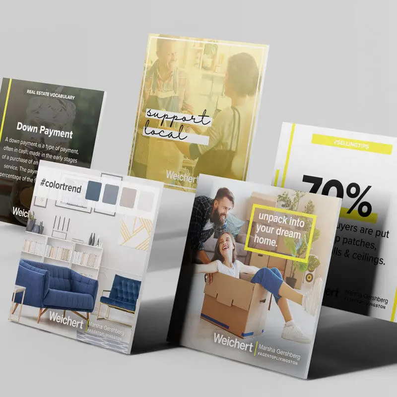 Branded social media graphic designs displayed as marketing cards showcasing custom visual content and brand messaging