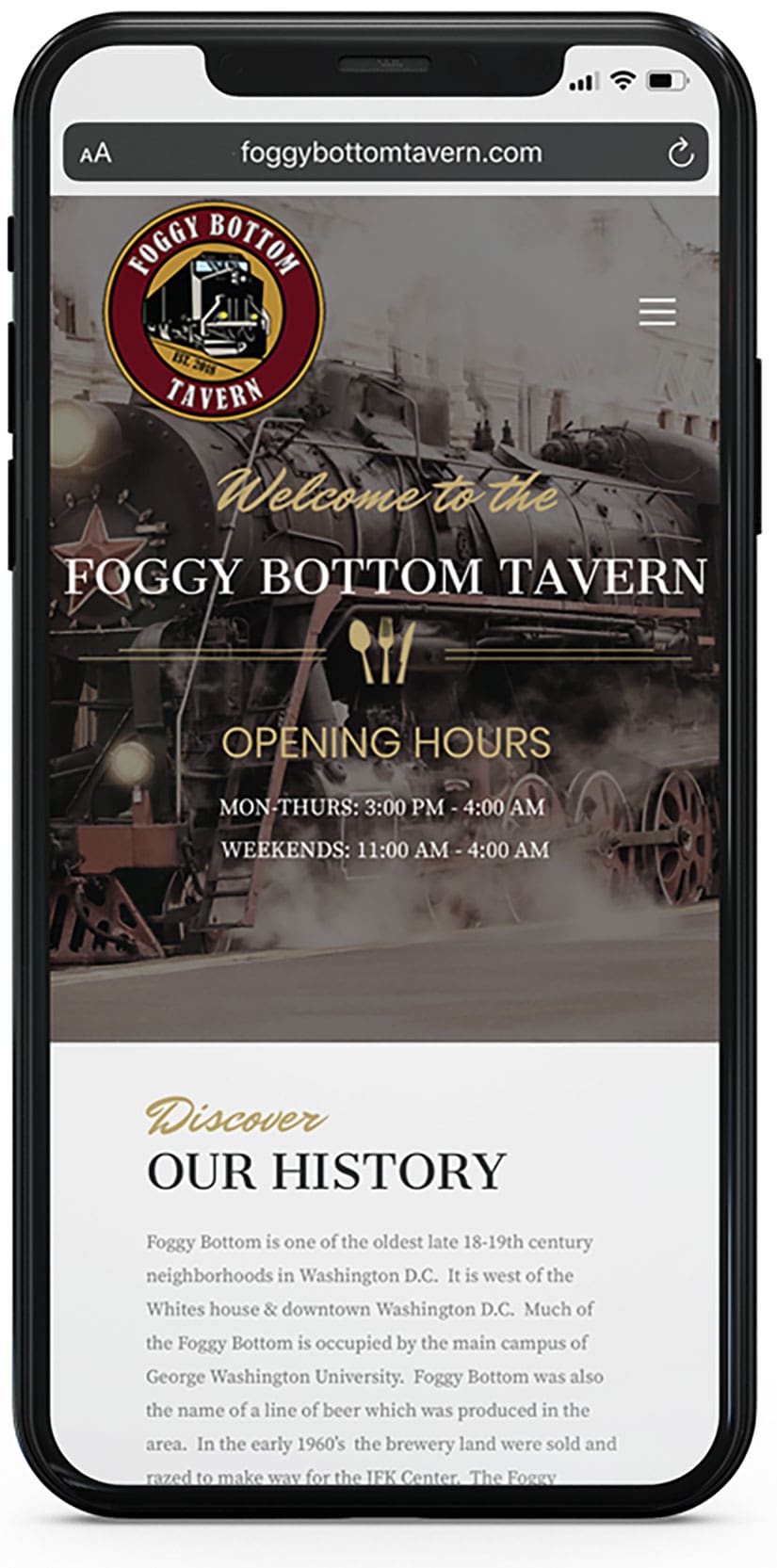 Foggy Bottom Tavern website home page screenshot on a phone screen mock up