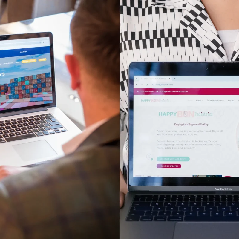 Two images side by side, on the left is a man opening up AEMCA's homepage , on the right a man holds a laptop with Happy Bun Pediatrics' website opened. | Industries That Absolutely Need a Website