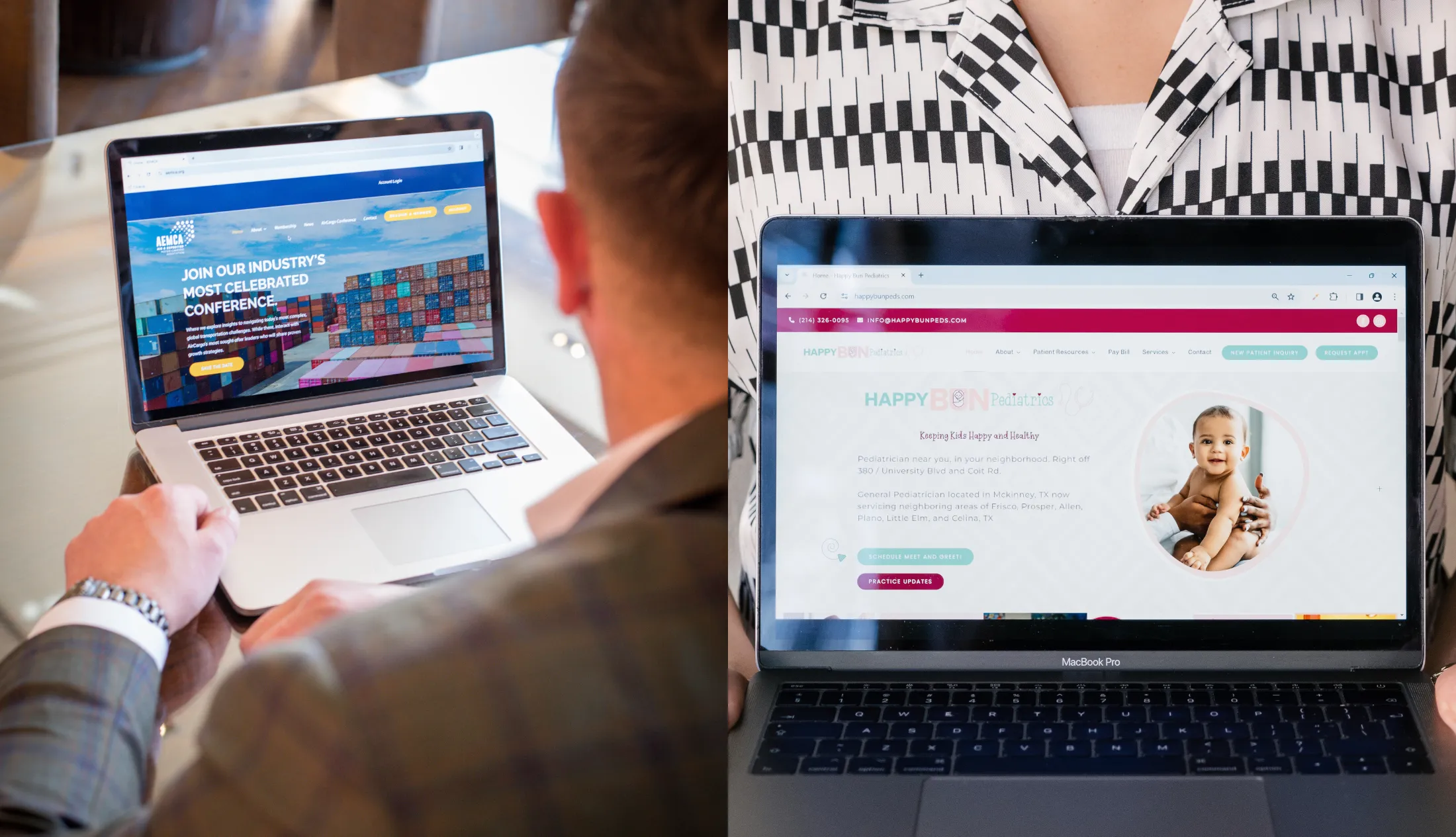 Two images side by side, on the left is a man opening up AEMCA's homepage , on the right a man holds a laptop with Happy Bun Pediatrics' website opened. | Industries That Absolutely Need a Website