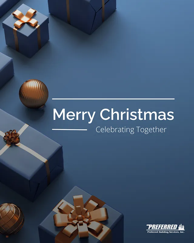 Holiday graphic with blue gift boxes and ornaments featuring a Merry Christmas message from Preferred Building Services