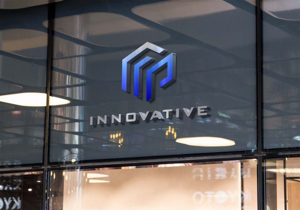 Innovative Homes logo displayed on glass office wall in modern commercial interior