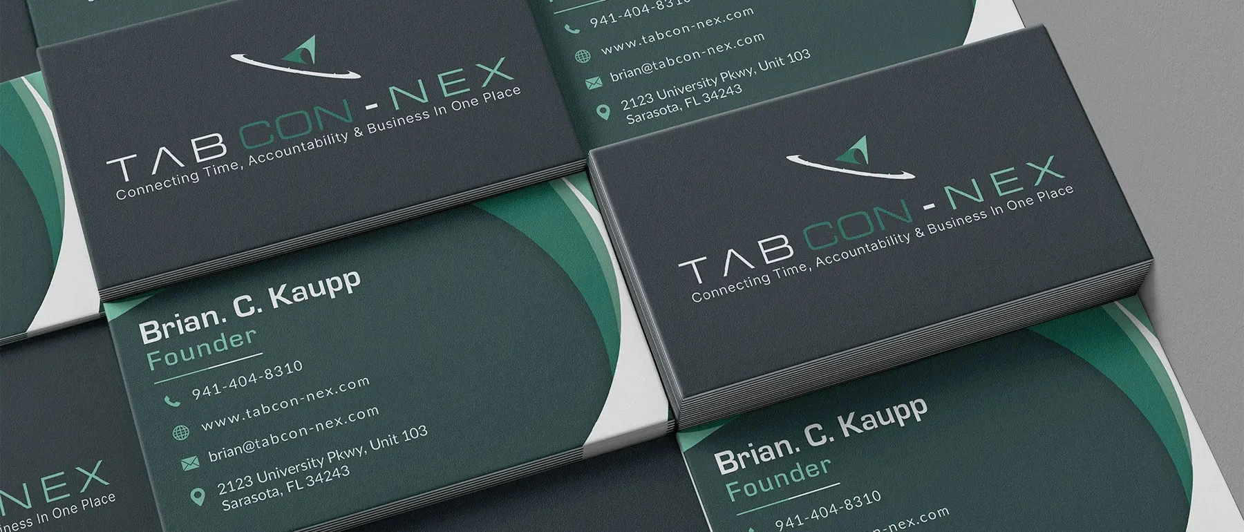 TABCon-Nex business cards featuring modern branding and founder contact information