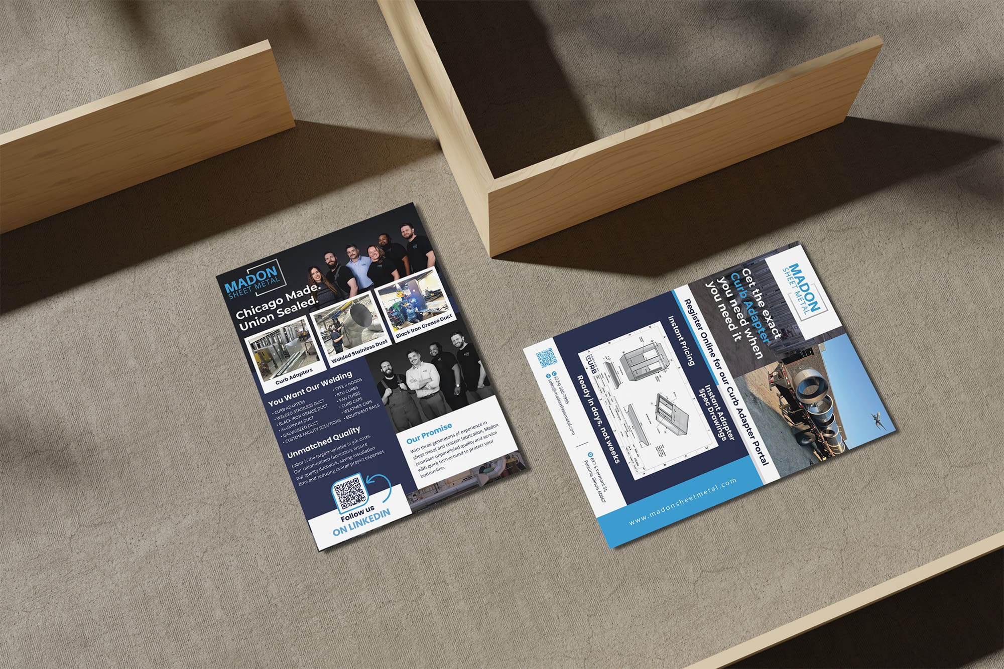 Madon Sheet Metal marketing flyers showcasing welding services, curb adapters, and HVAC fabrication solutions