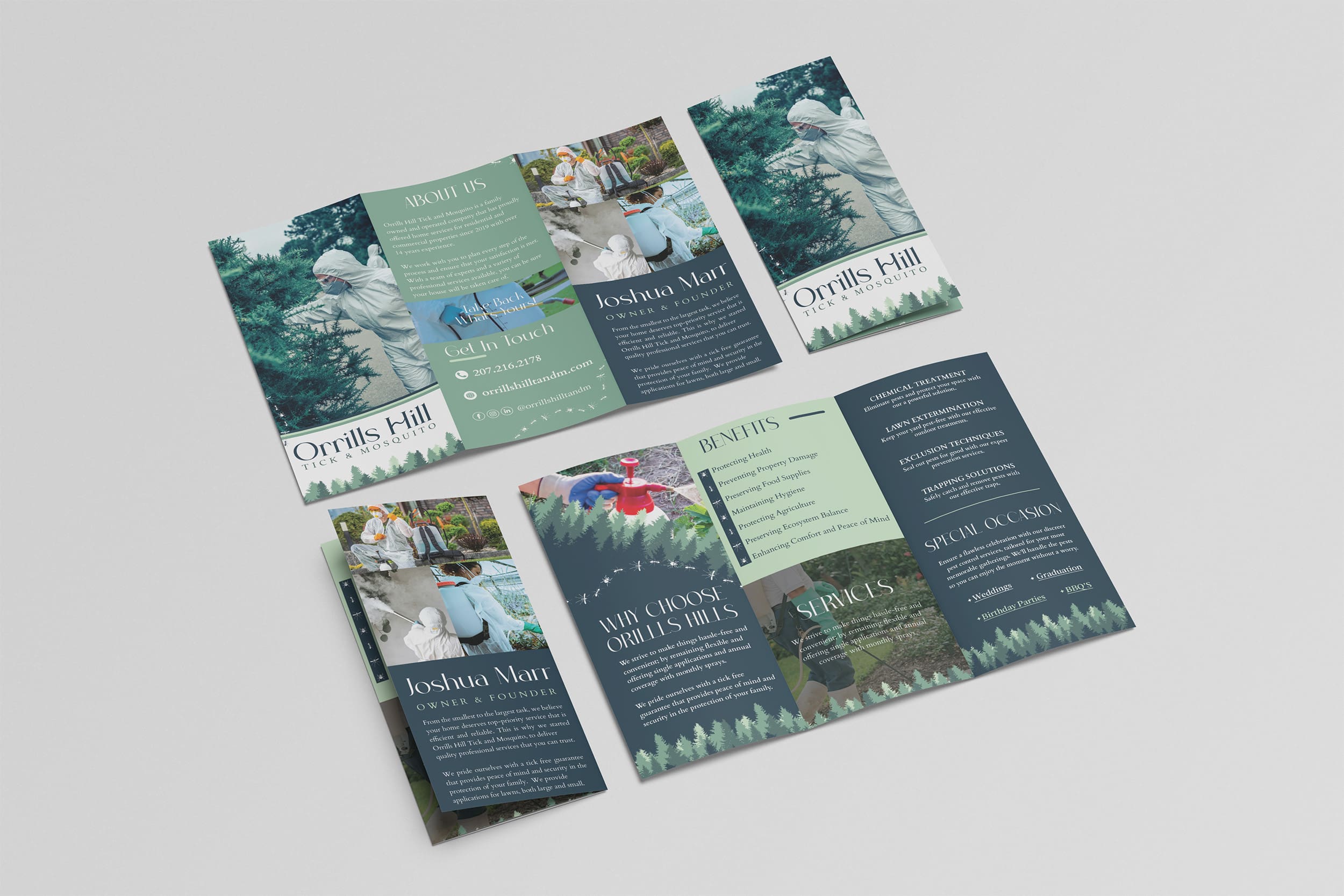 Orrills Hill Tick and Mosquito tri-fold brochure design showcasing services, benefits, and branding