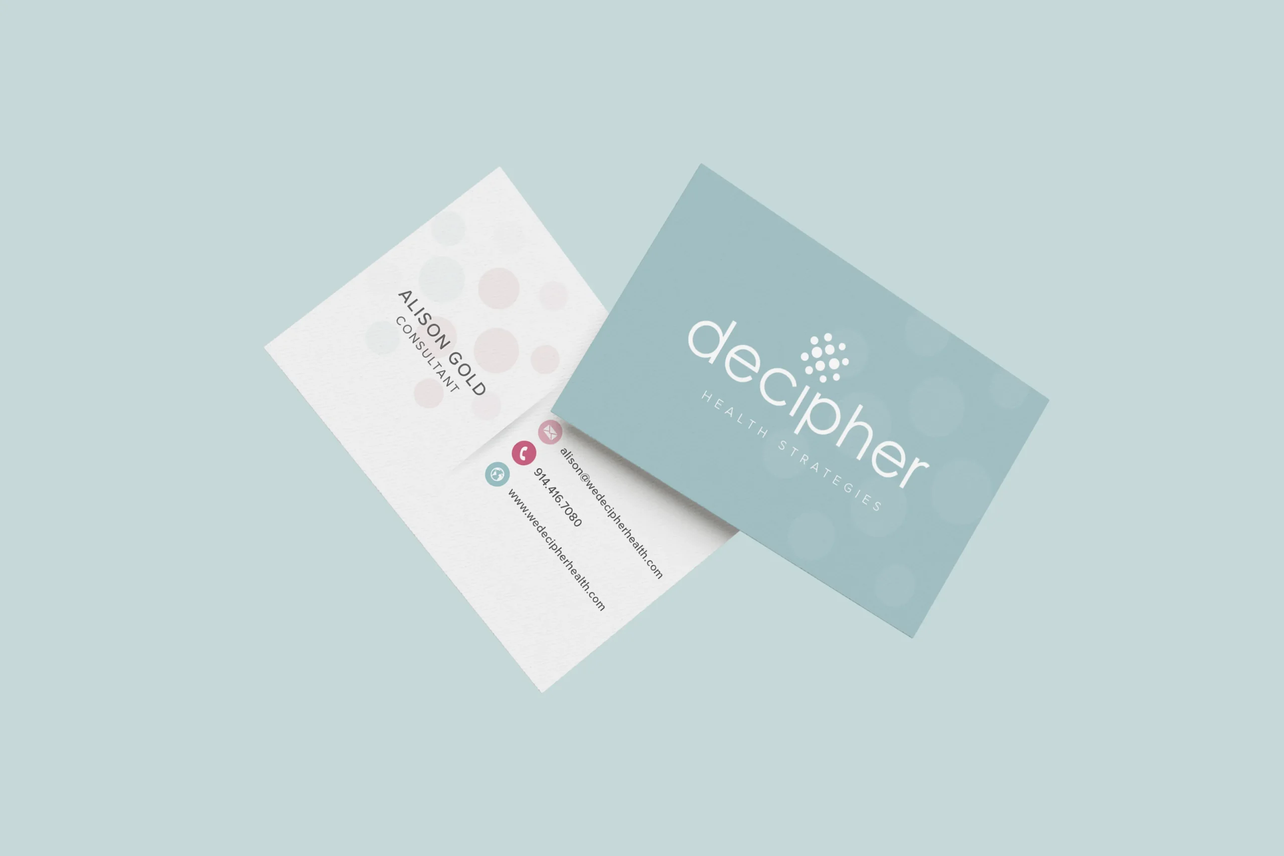 Decipher Health Strategies business card design with logo and consultant contact information