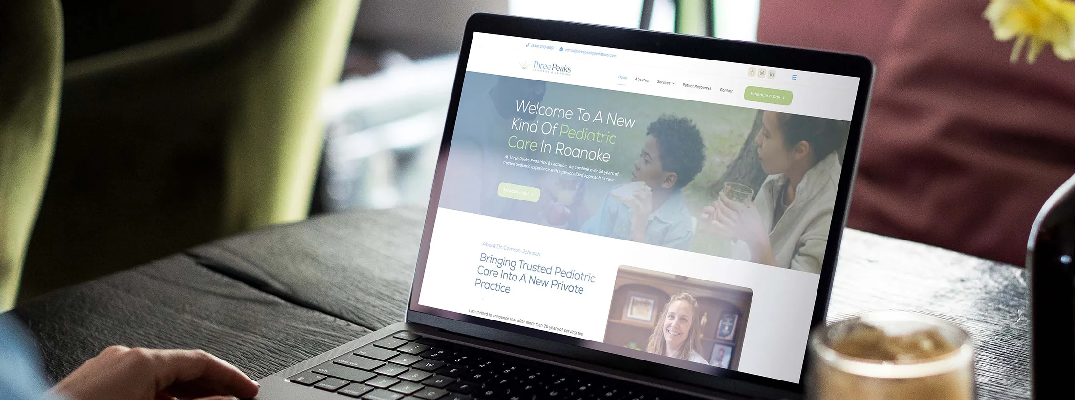 Three Peaks Pediatrics website displayed on a laptop showing pediatric care homepage