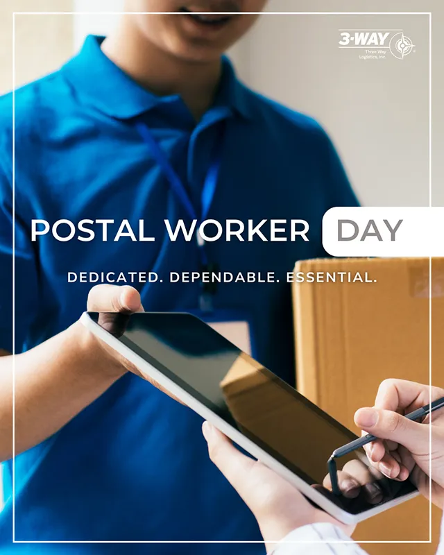 Three Way Logistics Postal Worker Day recognition graphic Postal worker using a tablet to confirm package delivery in Three Way Logistics graphic