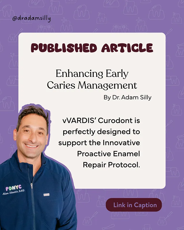 Graphic announcing a published dental article by Dr. Adam Silly about early caries management and vVARDIS Curodont enamel repair