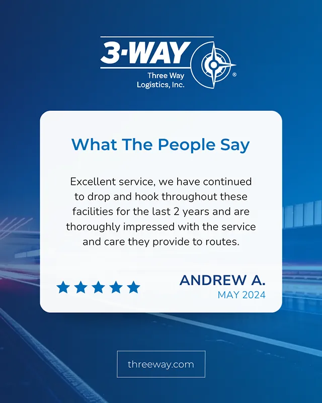 Three Way Logistics customer testimonial May 2024 Customer testimonial graphic for Three Way Logistics highlighting five-star service feedback