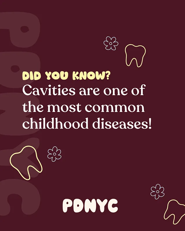 Pediatric dental education graphic stating that cavities are one of the most common childhood diseases