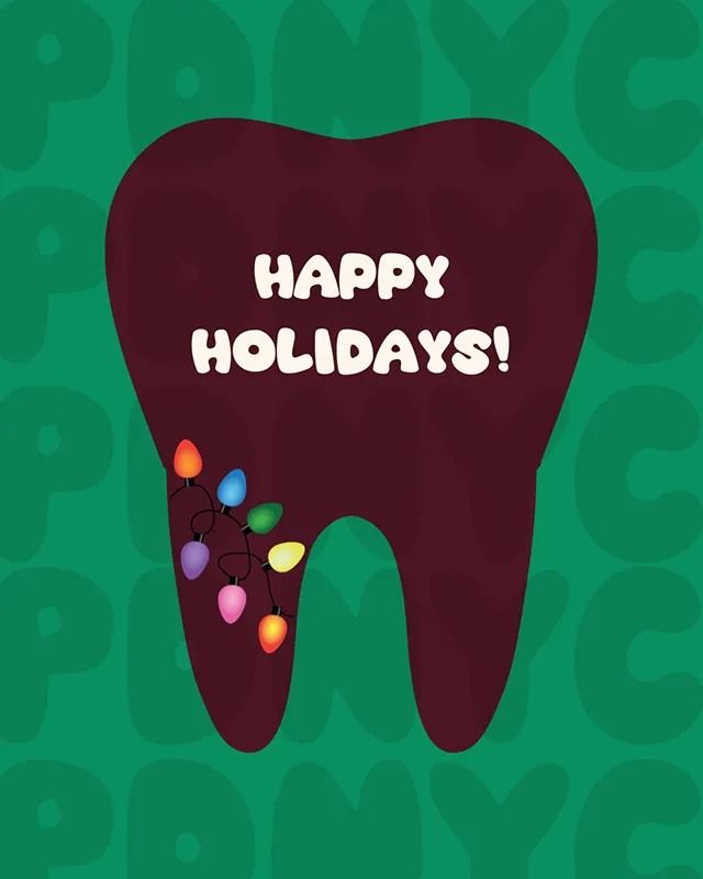 Illustrated tooth with colorful holiday lights and the text Happy Holidays on a green background