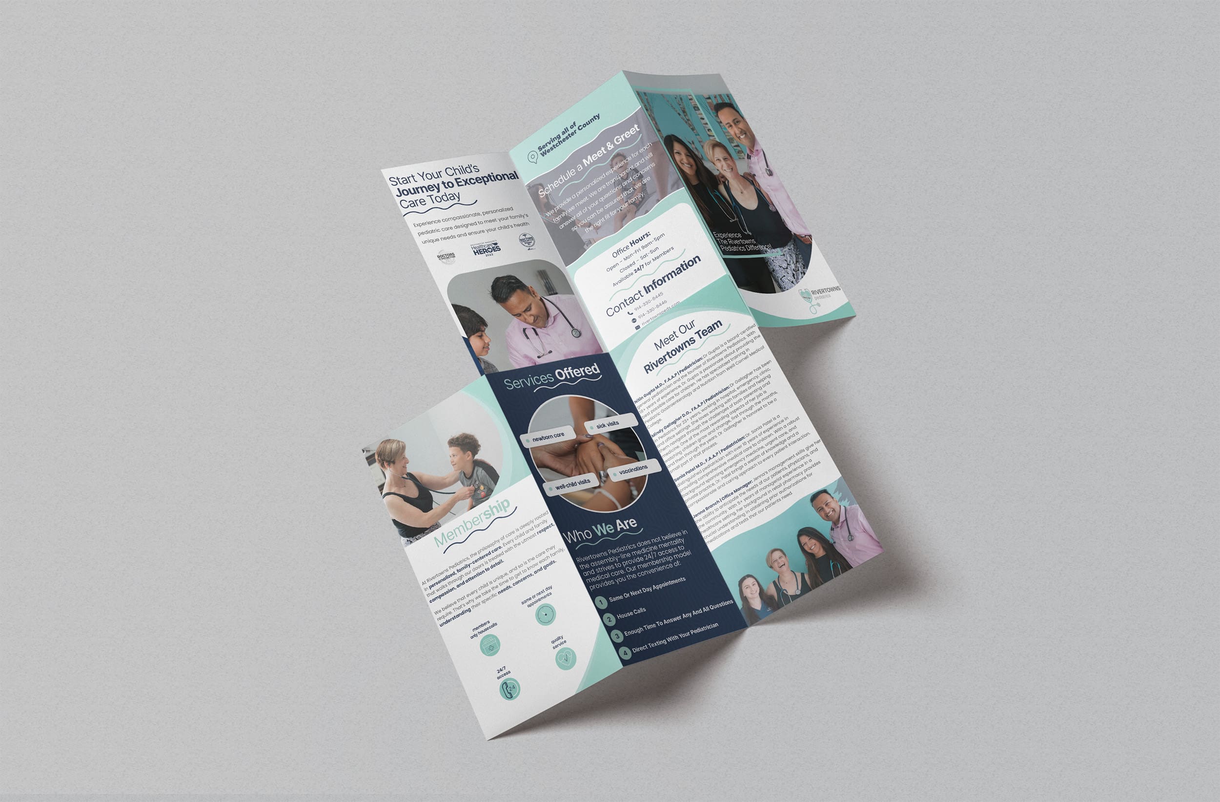 Rivertowns Pediatrics tri-fold brochure featuring pediatric services, care team, and patient-focused healthcare information