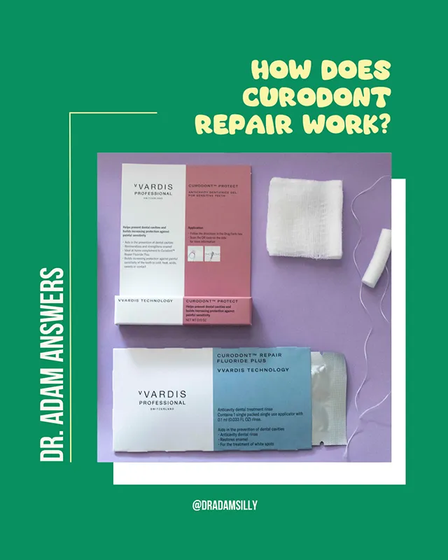 Curodont Repair dental treatment materials displayed with text explaining how Curodont Repair works