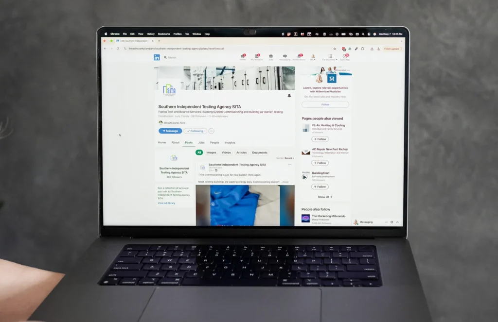 Laptop displaying a LinkedIn company page and post analytics, representing social media updates, content strategy planning, and professional platform engagement