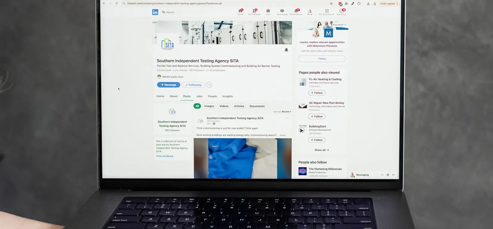 Laptop displaying a LinkedIn company page and post analytics, representing social media updates, content strategy planning, and professional platform engagement