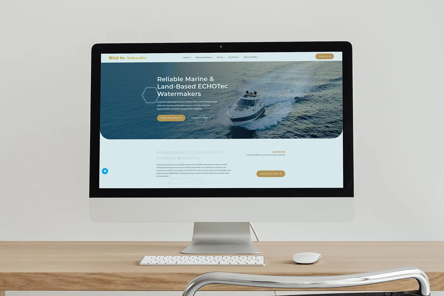Redesigned ECHOTec Watermakers website displayed on desktop computer featuring marine and land-based systems