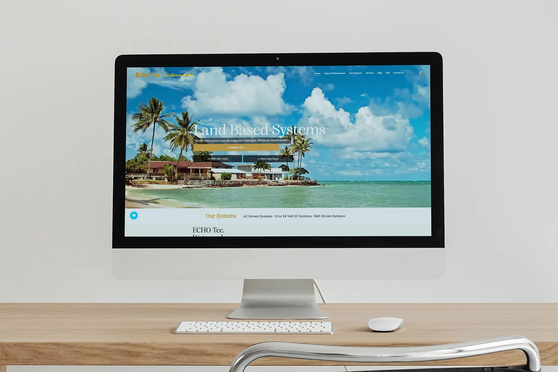 ECHOTec Watermakers website displayed on desktop computer showing land-based watermaker systems