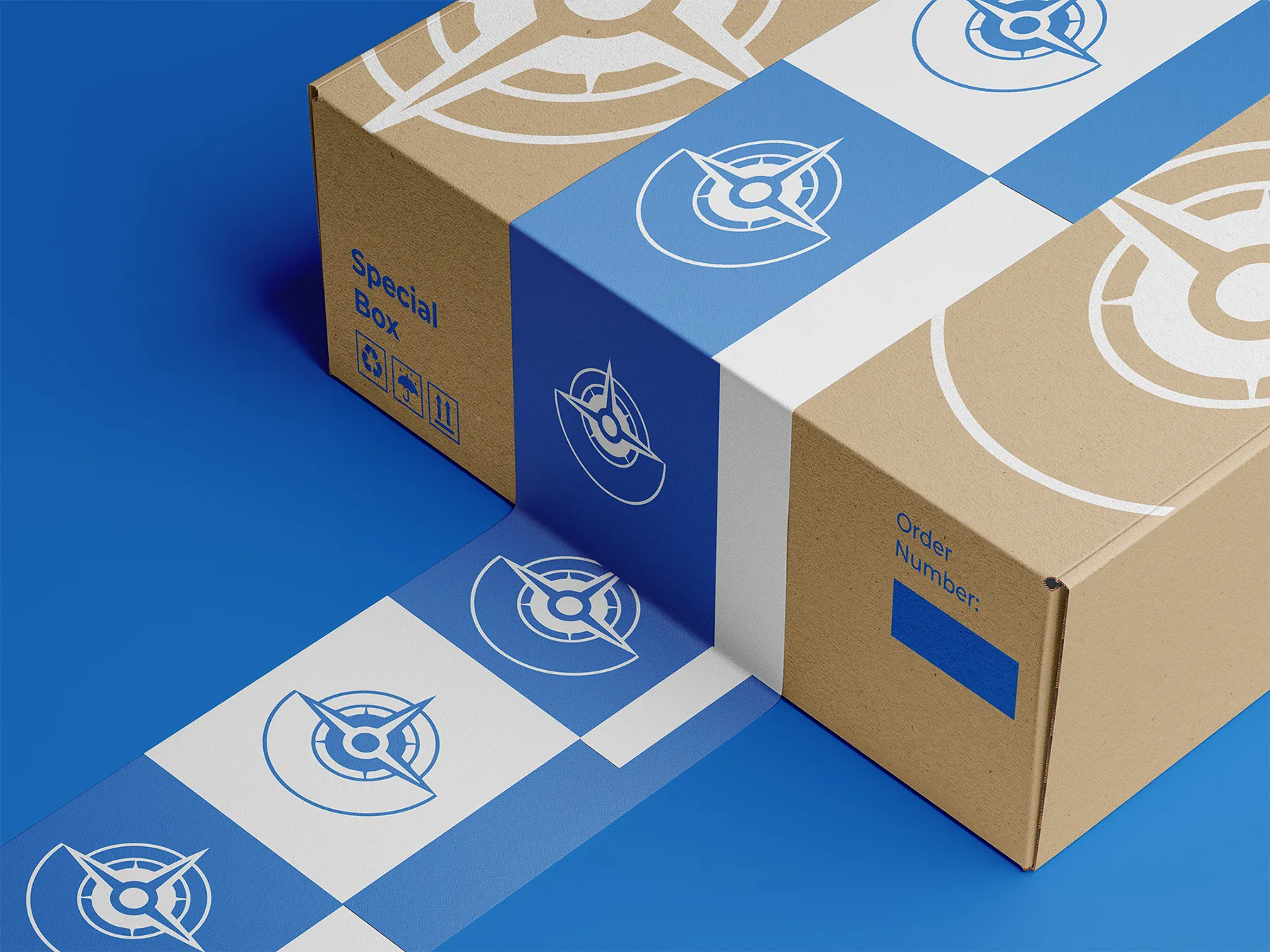Branded cardboard shipping box with custom blue tape featuring a compass-style logo on a blue background