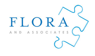Flora and Associates logo with puzzle piece icon and blue typography