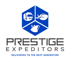 Prestige Expeditors logo featuring transportation icons and bold blue and gray color scheme