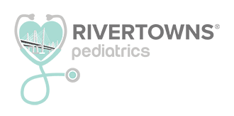 Rivertowns Pediatrics logo featuring stethoscope icon and bridge graphic in green tones